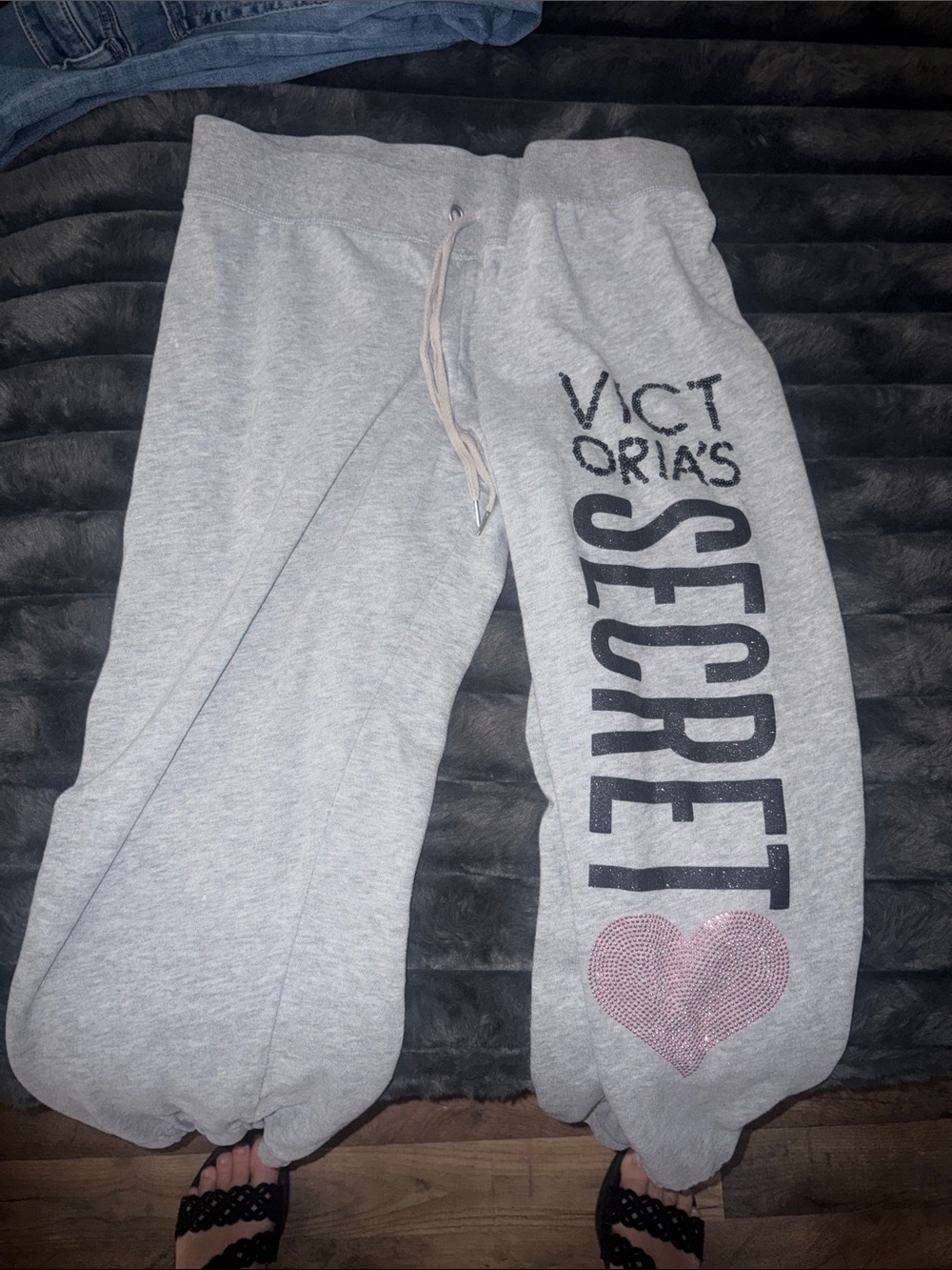 Victoria's Secret Light Gray cropped Sweatpants with Pink Rhinestone Heart